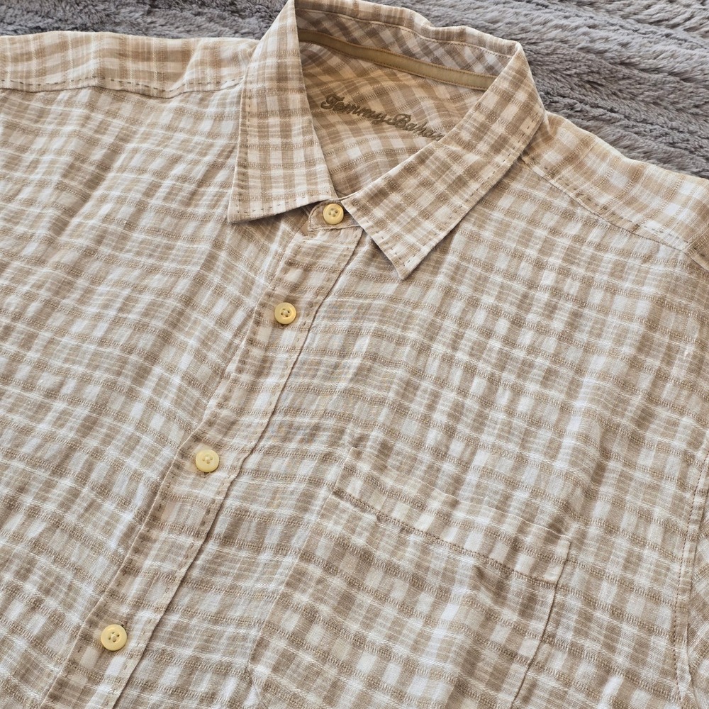 Tommy Bahama Mens Large 100% Linen Tan Plaid Short Sleeve Button Down Shirt‎